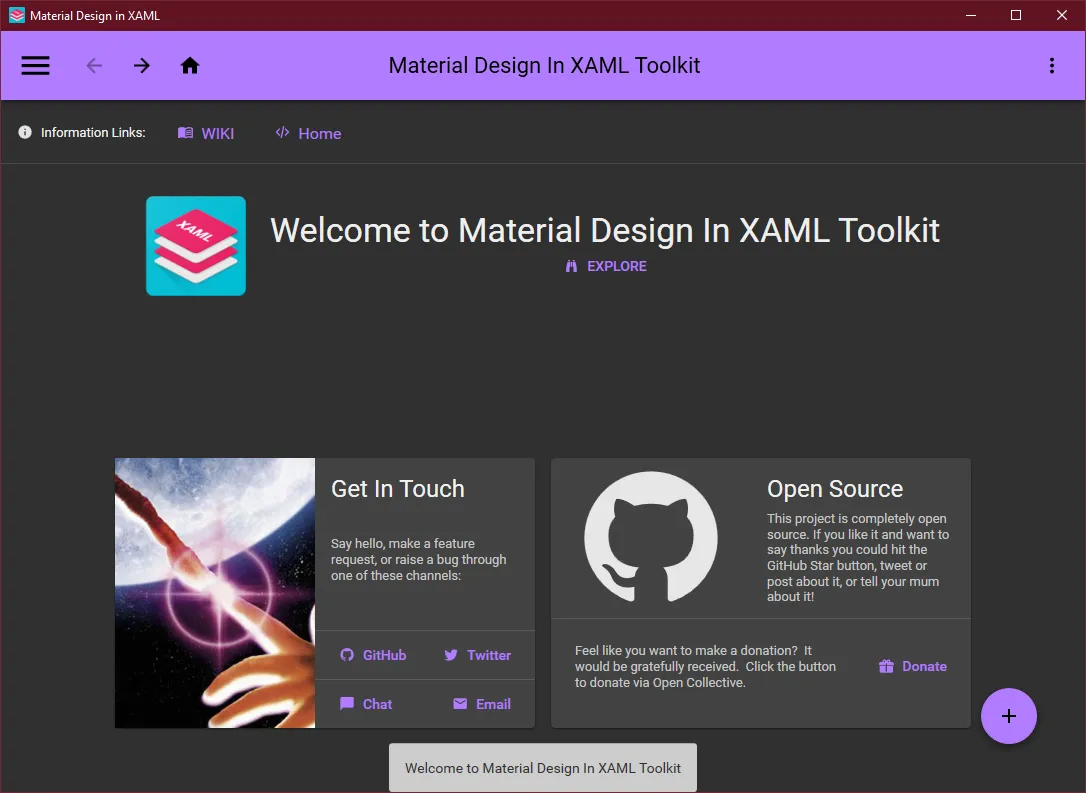 Главное окно Material Design Toolkit с ссылками на GitHub и поддержку