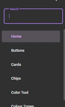 Сайдбар Material Design Toolkit с пунктами Home, Buttons, Cards, Chips, Color Tool